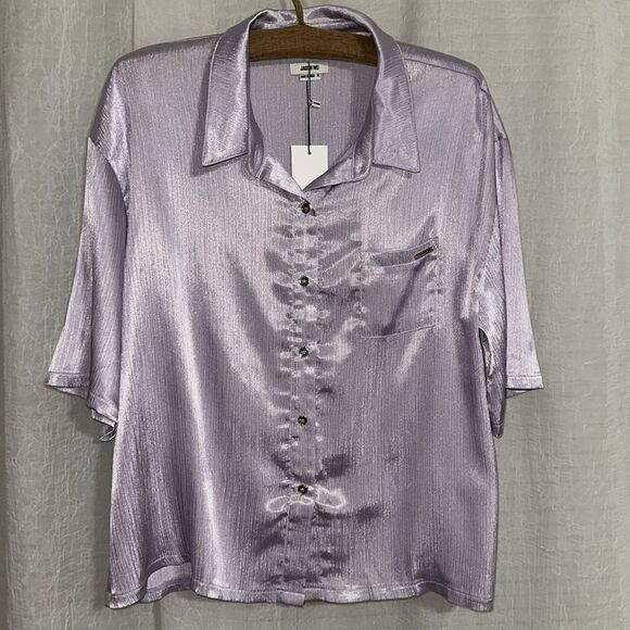 Jason Wu L & XL Lavender Button Front Short Sleeve Top Pants Crinkle Satin PJ - Picture 8 of 16